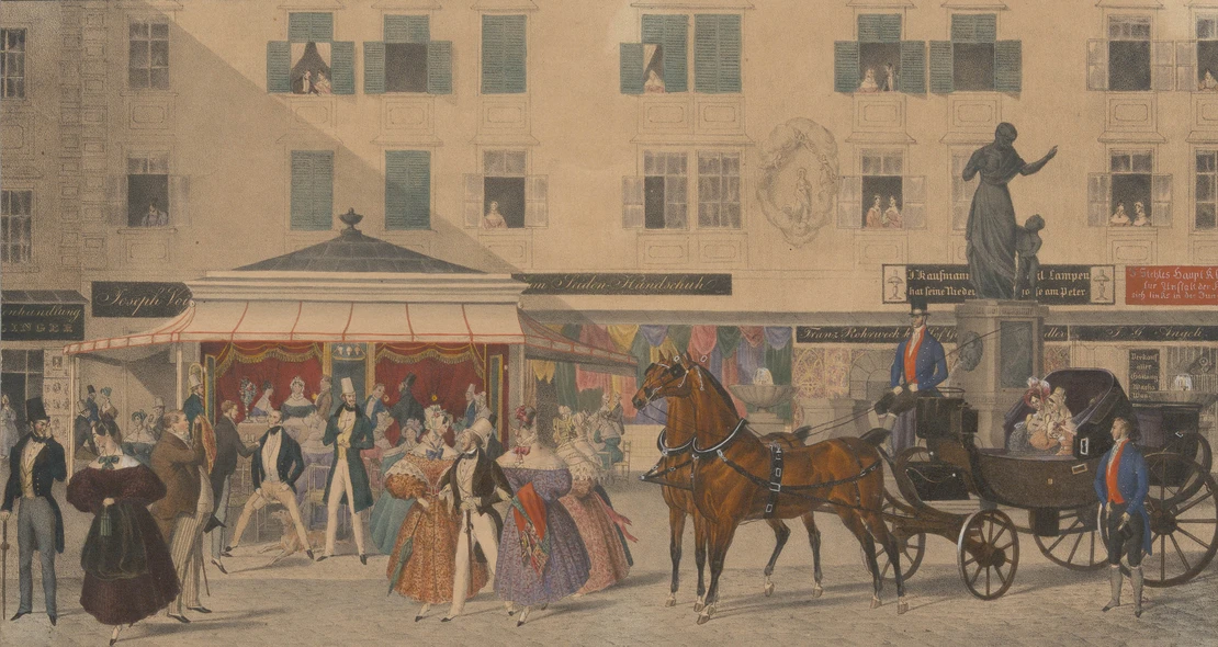 Die Limonadenhütte auf dem Graben, kolorierte Kreidelithografie von Alexander Franz Bensa d.Ä., 1836, Wien Museum, Inv.-Nr. 51.004/11  