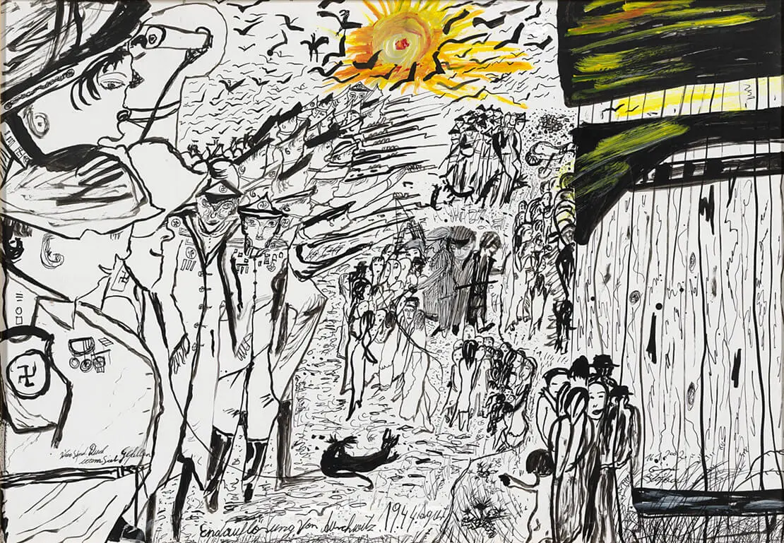 Ceija Stojka: „Endauflösung von Auschwitz“, Gouache auf Karton, 2011, Sammlung Wien Museum