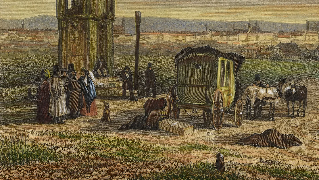 L. Hoffmeister, Totalansicht von Wien (Ausschnitt), kolorierter Stahlstich, 1842, Wien Museum