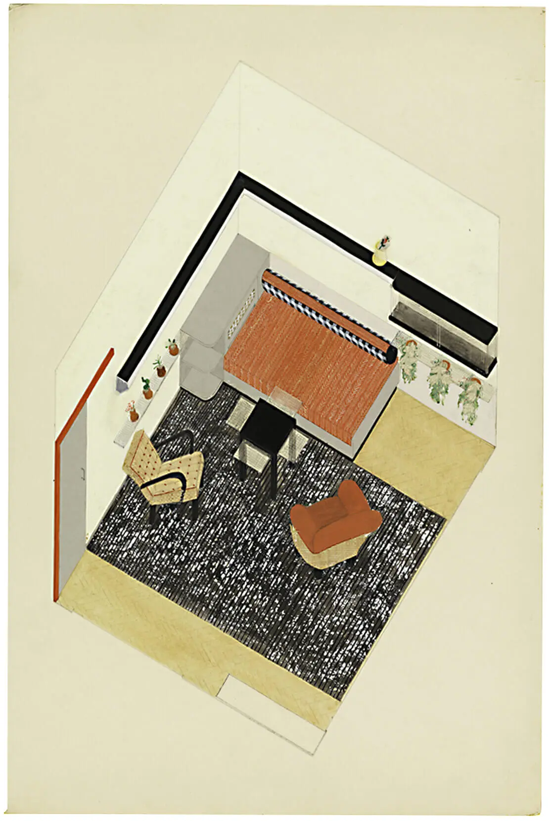 Margarethe Fröhlich, Entwurf eines Wohnzimmers/Schlafzimmers mit Einbaubett und -schrank und Tisch Ti6, 1933-1939, Deckfarbe, Aquarell, bedrucktes Papier, Metallfolie, Bleistift auf Karton, 54,2 x 36 cm, Cooper-Hewitt Smithsonian Design Museum, New York  