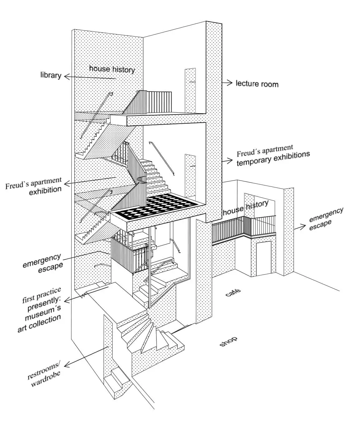 Neue Erschließungs- und Fluchttreppe, Perspektivschnitt, Gerhard Flora/Atelier Czech
