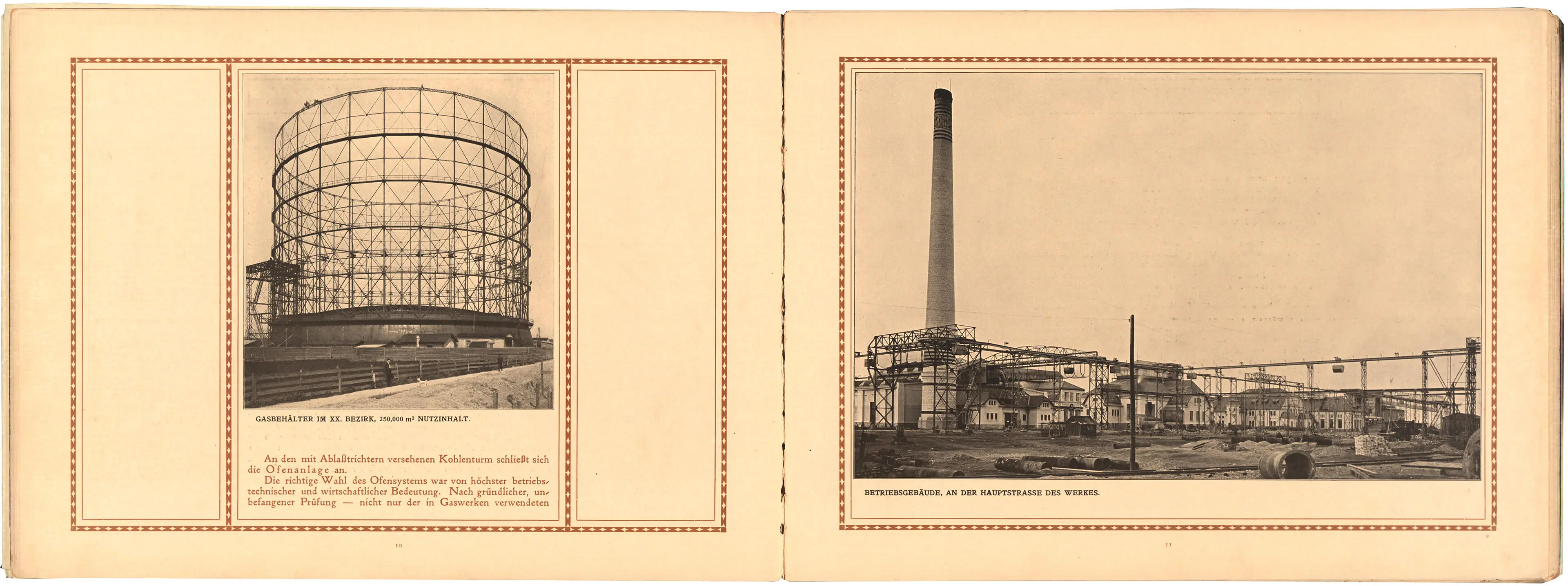 Doppelseite aus der Broschüre „Gaswerk Leopoldau“, herausgegeben von der Gemeinde Wien anlässlich der Eröffnung 1910, Photoinstitut Bonartes  