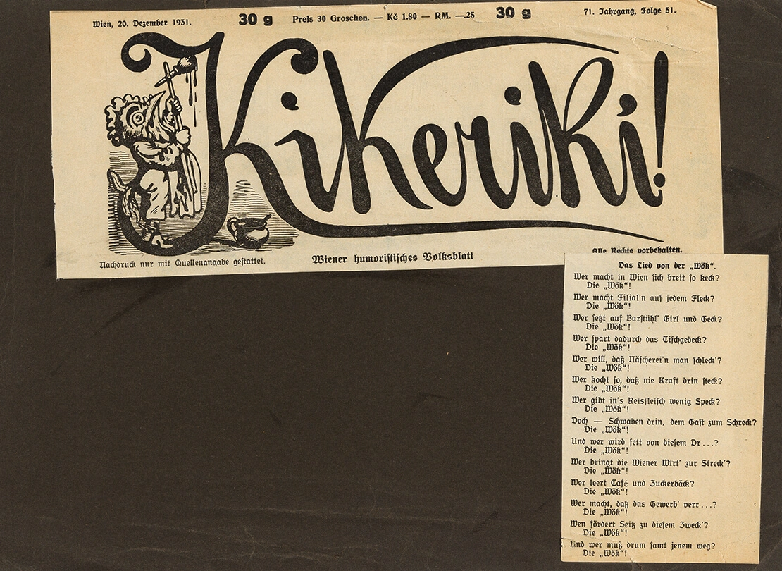 Spottlied auf die WÖK in der NSDAP-nahen Satire-Zeitschrift „Kikeriki!“, 1931, auf Karton geklebter Zeitungsausschnitt aus der Pressedokumentation der WÖK, Wien Museum