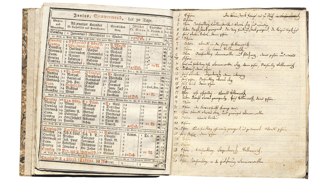 Wetterprognosen und Planetenbahnen, aus: Allgemeiner Schreib-, Haus- und Wirthschafts-Kalender für das Jahr nach der Geburt Jesu Christi 1811 […], Wien, Rehmsche Buchhandlung (1810) © Wienbibliothek im Rathaus 