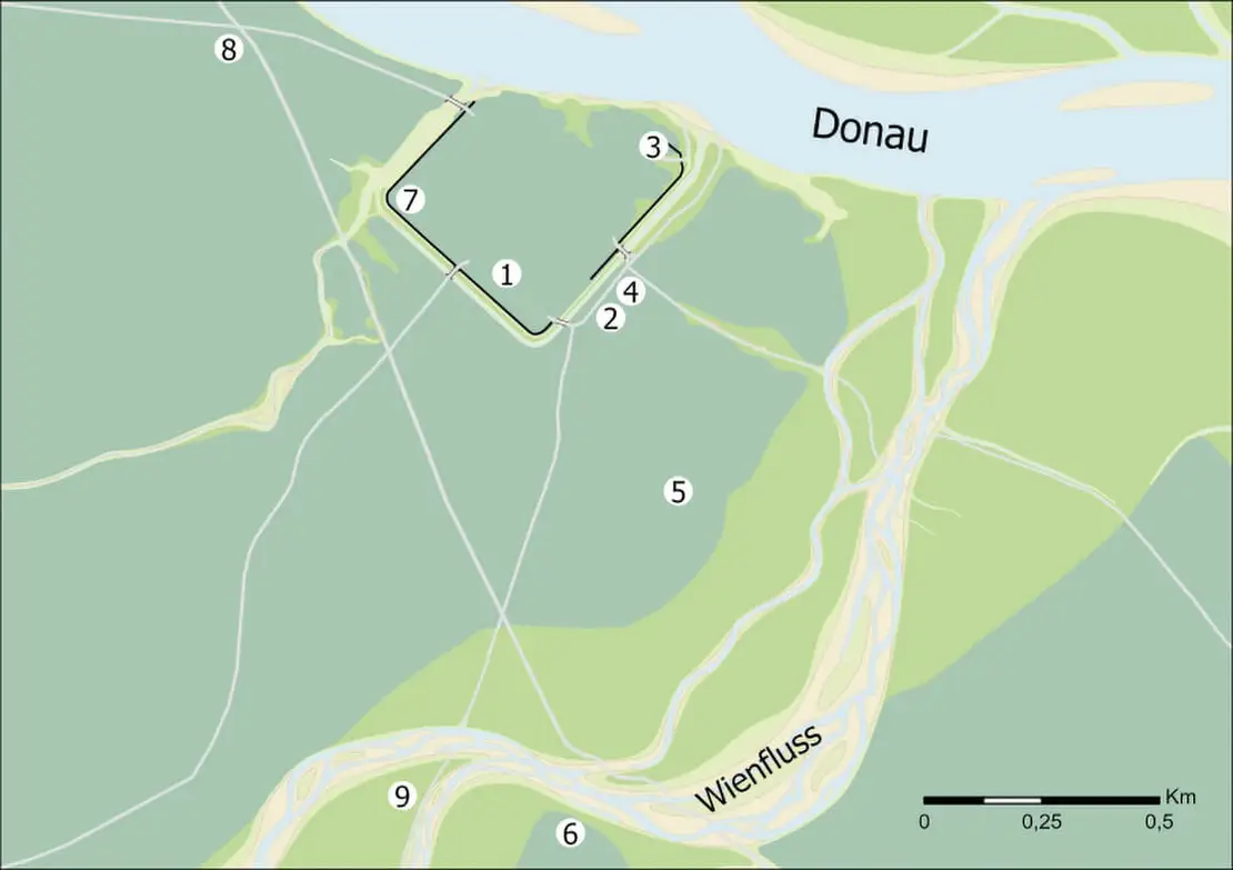 Wien um 1137: St. Peter (1), St. Stephan (2), St. Ruprecht (3), Hofstätten/Unterkünfte („curtiloci/stabula“) (4), Kirchenausstattung („dos“) - Anteil der Babenberger (5), Kirchenausstattung – bei St. Stephan verbliebener Anteil (6), Reste der Lagermauern (7), Wegenetz (8), Standort des späteren Heiligengeistspitals (9). Entwurf: Severin Hohensinner, Inhalt: Christoph Sonnlechner und Manuel Swatek  