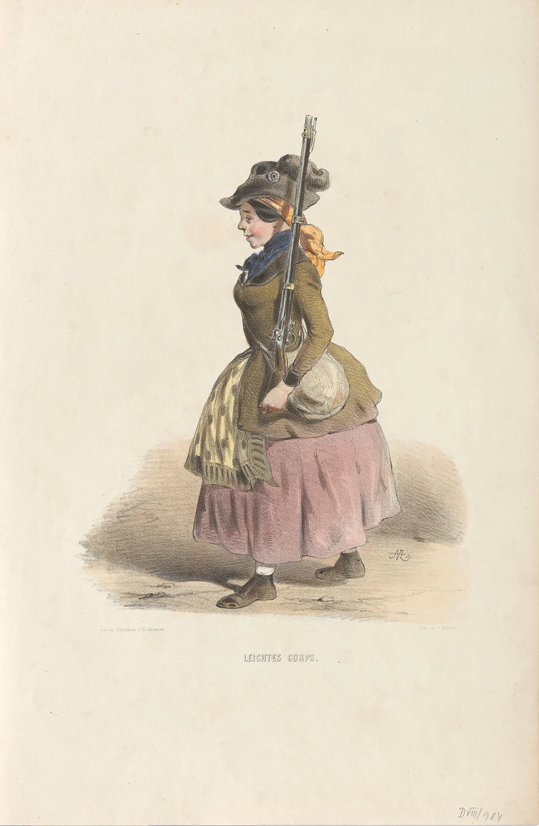 Der Karikaturist Anton Zampis nahm in seinen Lithografien die Figuren der Revolution 1848 aufs Korn, so auch die Frauen. Der Titel des Werkes lautet: "LEICHTES CORPS." (Aus der Serie "ERINNERUNGS=BILDER / aus / WIENS OCTOBER-TAGEN 1848), Wien Museum