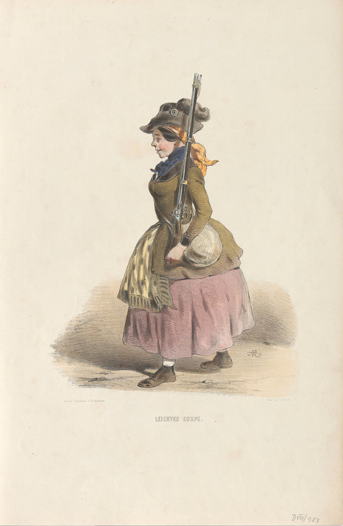Der Karikaturist Anton Zampis nahm in seinen Lithografien die Figuren der Revolution 1848 aufs Korn, so auch die Frauen. Der Titel des Werkes lautet: "LEICHTES CORPS." (Aus der Serie "ERINNERUNGS=BILDER / aus / WIENS OCTOBER-TAGEN 1848), Wien Museum 