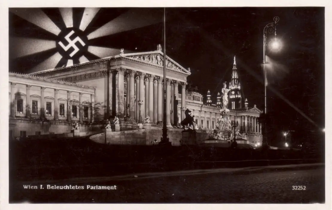 Wien I., Beleuchtetes Parlament, 1938, Hersteller: Postkarten-Industrie A.G., Wien, Sammlung Payer