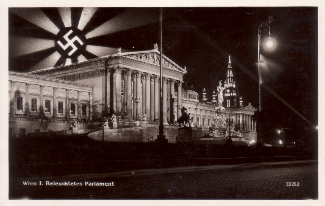 Wien I., Beleuchtetes Parlament, 1938, Hersteller: Postkarten-Industrie A.G., Wien, Sammlung Payer 