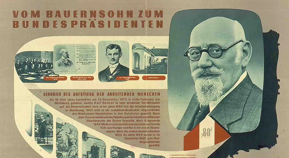 Vom Bauernsohn zum Bundespräsidenten, Wandzeitung, Vorwärts Verlag, 1950, Wienbibliothek im Rathaus, Plakatsammlung AC10606660