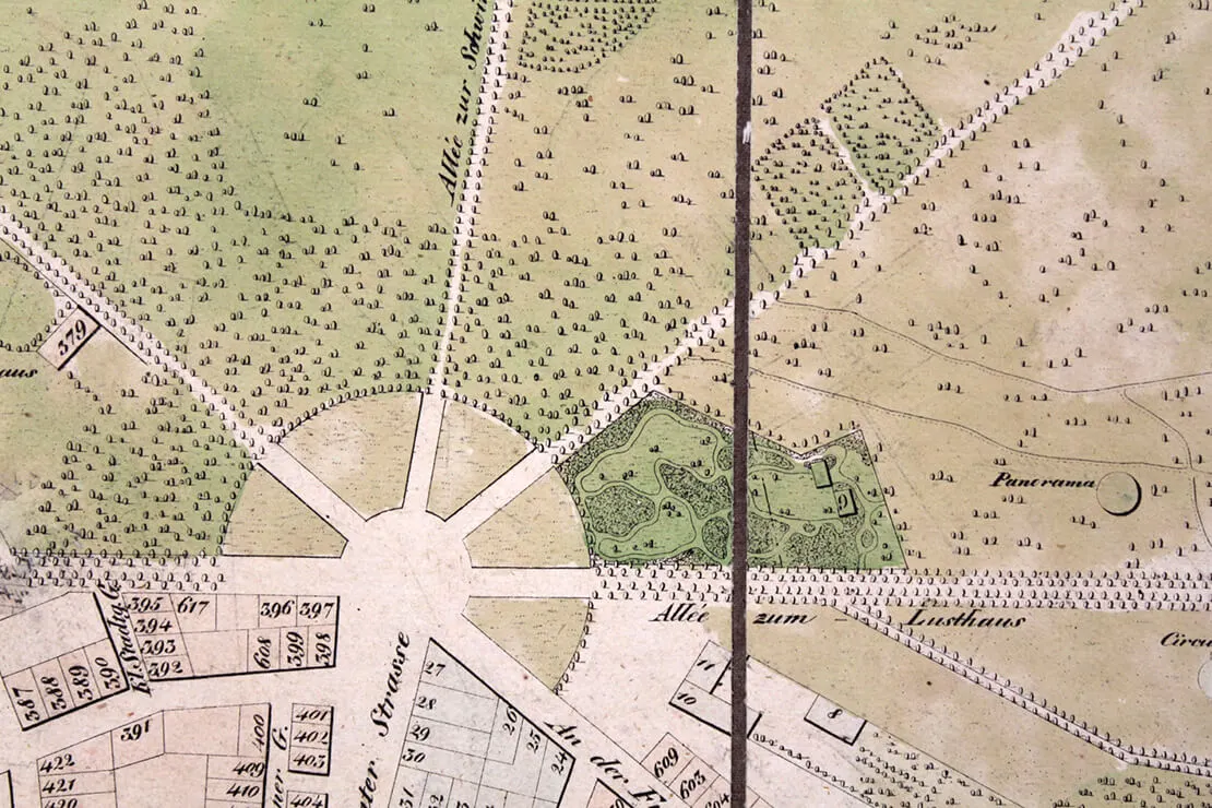Kaisergarten (rechts) nahe dem heutigen Praterstern (links), Plan von A. Ziegler (Ausschnitt), 1827. Wien Museum
