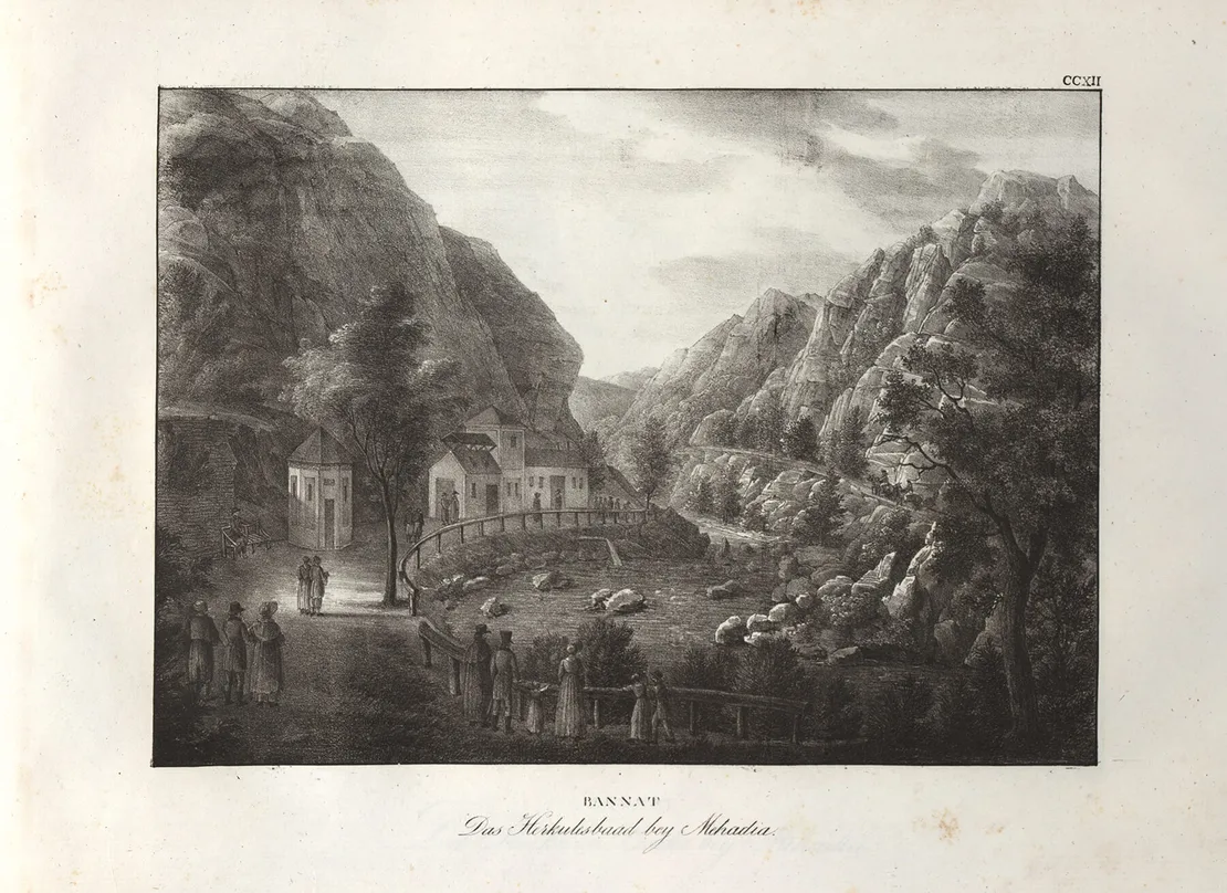 Adolf Friedrich Kunike: Donau-Ansichten: Bannat. Das Herkulesbad bei Mehadia, Lithgrafie, 1826, Wien Museum, Inv.-Nr. 105081/216  
