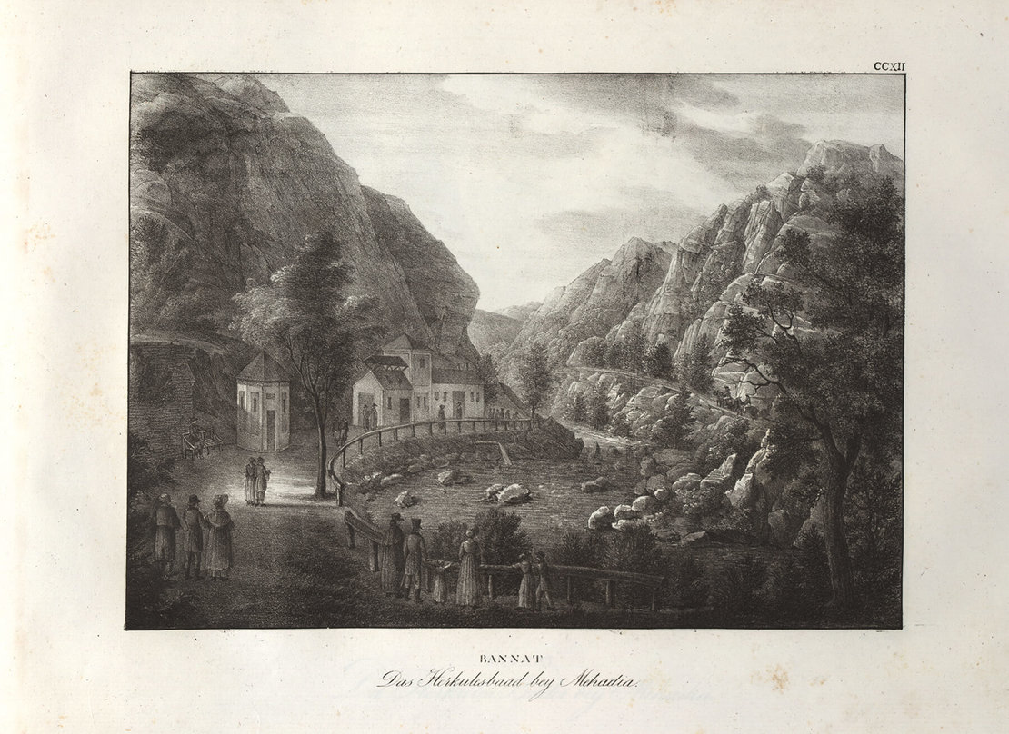 Adolf Friedrich Kunike: Donau-Ansichten: Bannat. Das Herkulesbad bei Mehadia, Lithgrafie, 1826, Wien Museum, Inv.-Nr. 105081/216 