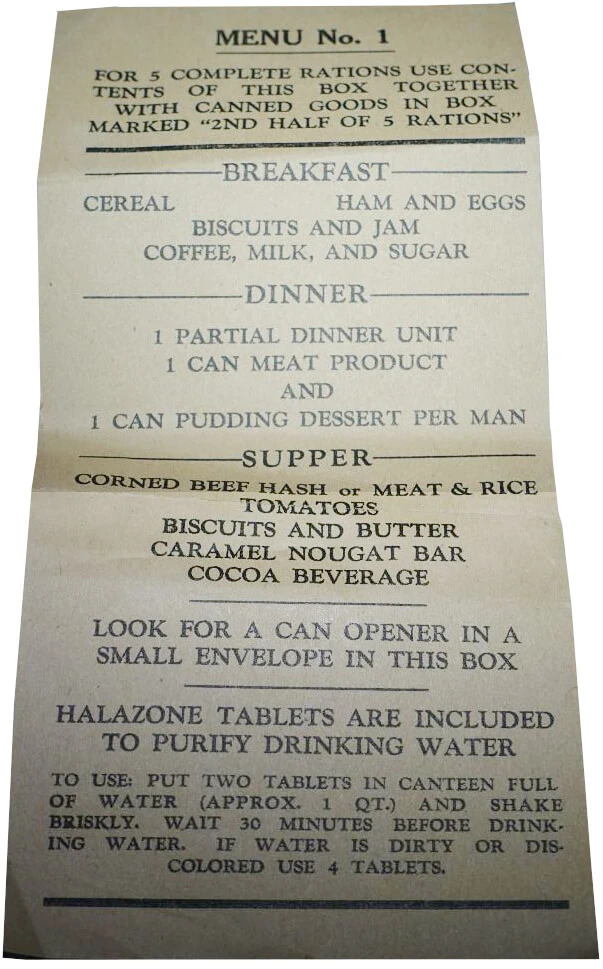 Menüplan aus dem Lebensmittelpaket der US-Armee „10 in 1 ration“ / “Menu #1 First Half of 5 Rations”  