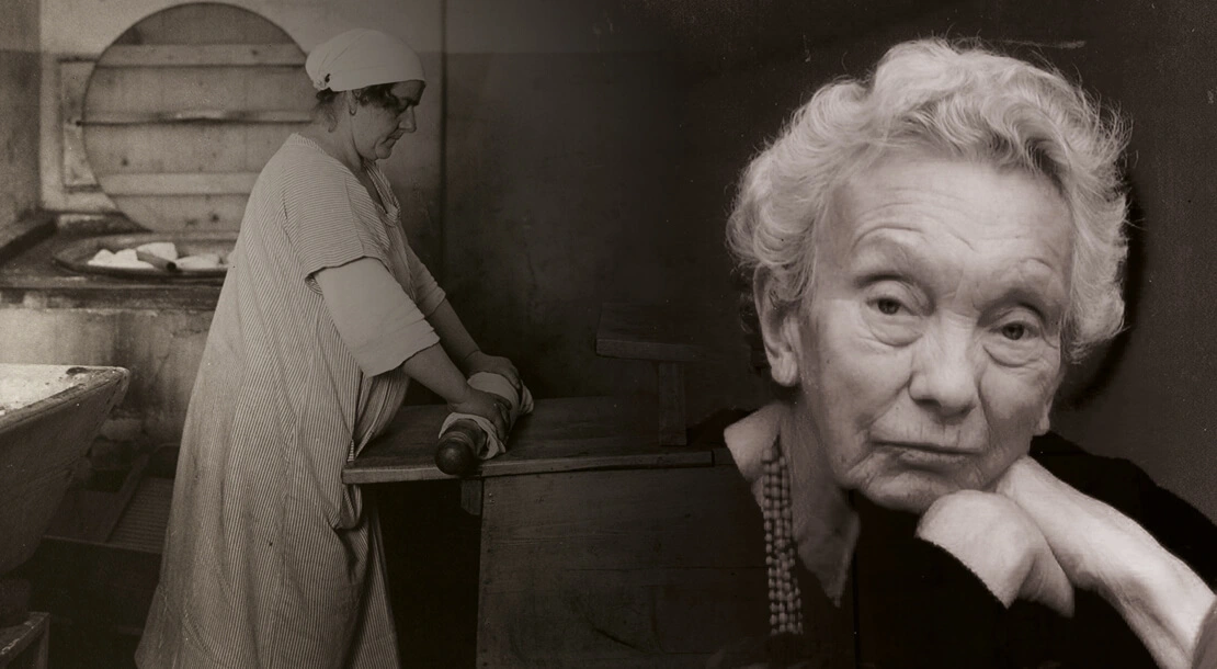 Links: Blick in eine Waschküche, um 1926, Wien Museum, Rechts: Ilse Helbich, Foto: Privat