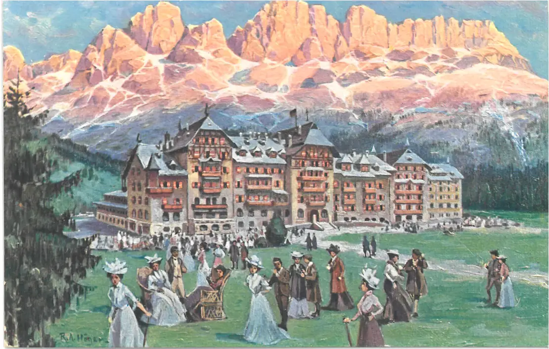 Erholung in eleganter Gesellschaft vor dem Karersee Hotel nach mühsamen Bergtouren.  