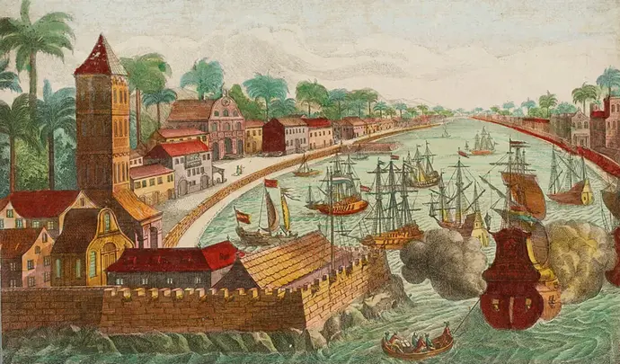 Georg Daniel Heumann: Die Stadt Colombo auf Ceylon, Guckkastenbild (kolorierter Kupferstich), um 1800, Wien Museum