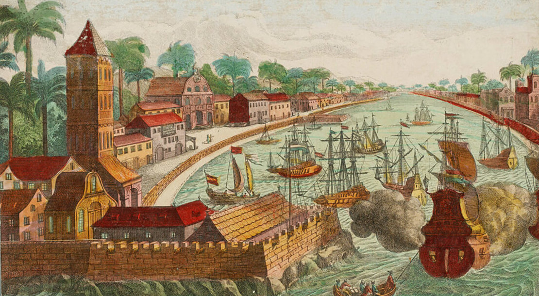 Georg Daniel Heumann: Die Stadt Colombo auf Ceylon, Guckkastenbild (kolorierter Kupferstich), um 1800, Wien Museum 