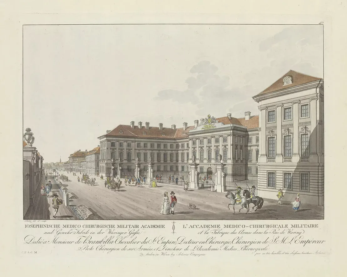 Carl Schütz: „Josephinische Medico Chirurgische Militair Academie und Gewehr Fabrik in der Waringer Gasse“, um 1778, erschienen im Artaria-Verlag, Wien Museum
