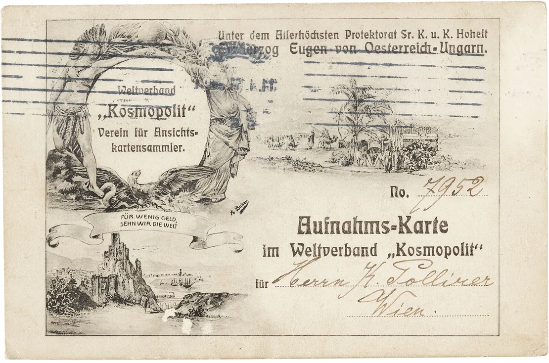 Aufnahmskarte für Mitglieder im Weltverband „Kosmopolit“, gelaufen 1911, Sammlung Lukan, Wien