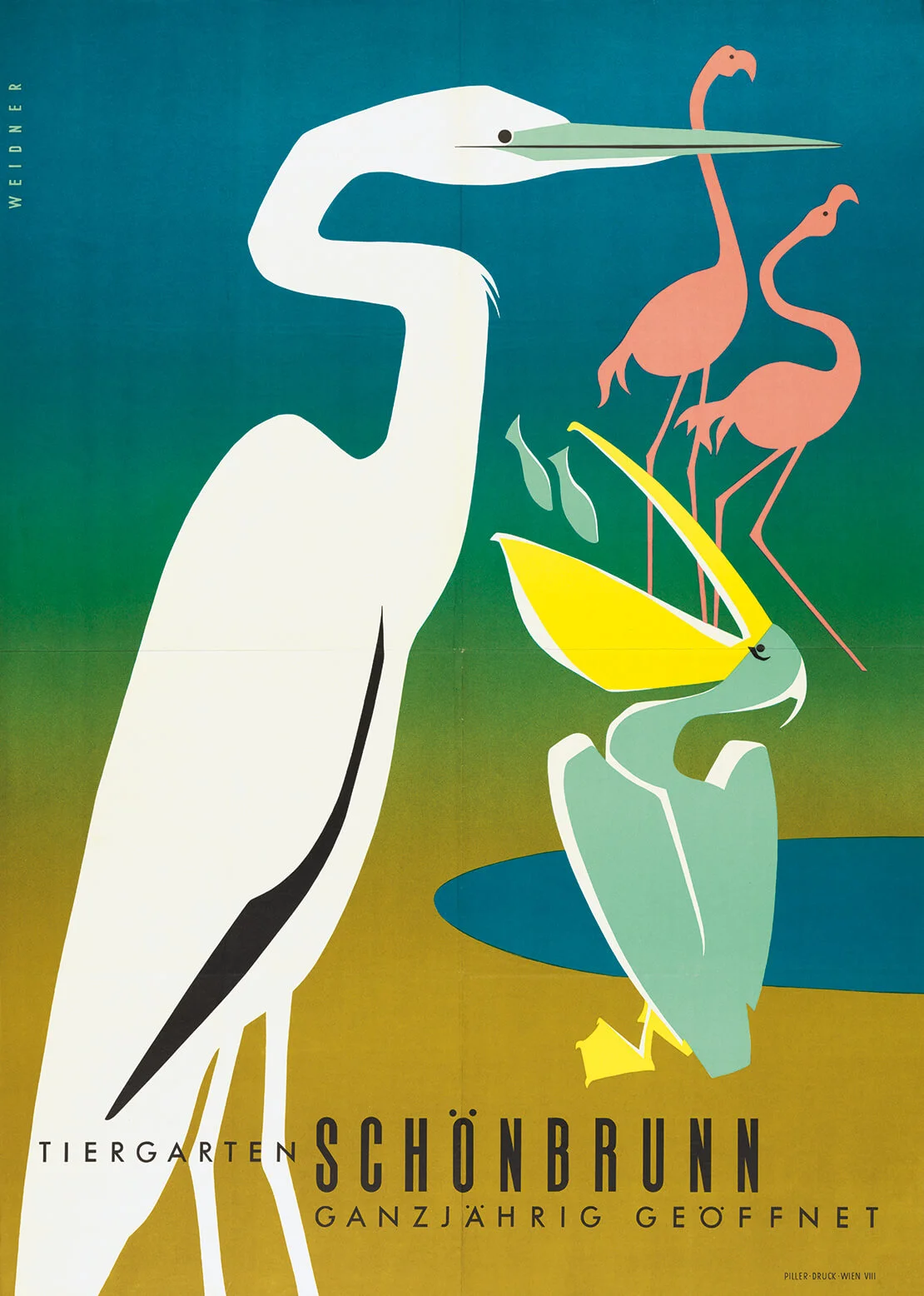 Frizzi Weidner: Tiergarten Schönbrunn. Ganzjährig geöffnet, 1955, Piller-Druck (Wien), Wienbibliothek im Rathaus, Plakatsammlung, P-114064  