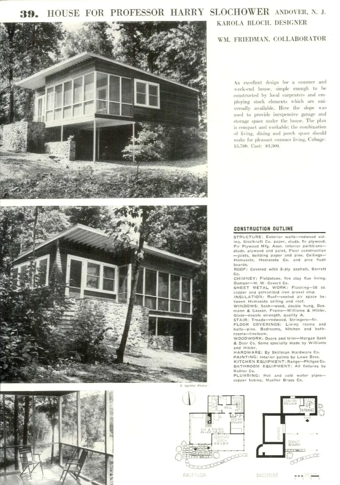Karola Bloch, Sommerhaus für Prof. Harry Slochower, Andower, New Jersey, in: Architectural Forum, Okt. 1939  