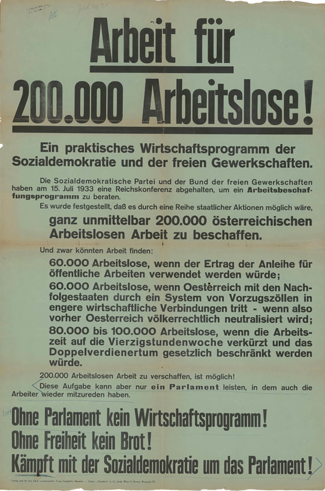 Plakat mit dem Wirtschaftsprogramm der Sozialdemokratie und der freien Gewerkschaften, Juli 1933. WBR, PS, P-234250 