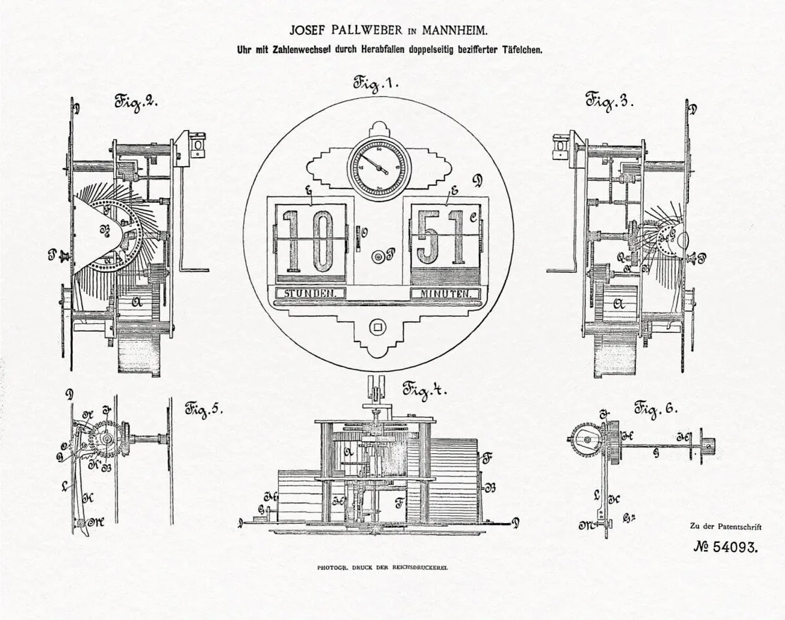 Pallwebers erstes Fallblattuhrpatent, Mannheim 1890 (Patentskizze aufgearbeitet von Mackey Hensley, Administrator des flipclockfans.com-Forum)