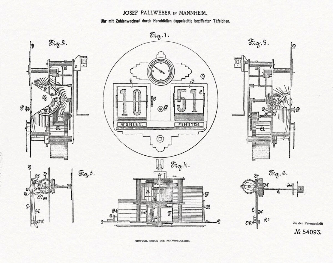 Pallwebers erstes Fallblattuhrpatent, Mannheim 1890 (Patentskizze aufgearbeitet von Mackey Hensley, Administrator des flipclockfans.com-Forum) 