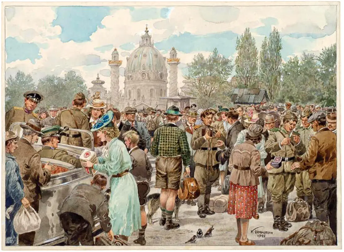 Karl Hornstein:  Schwarze Börse am Resselplatz, 1945, Aquarell, Wien Museum  