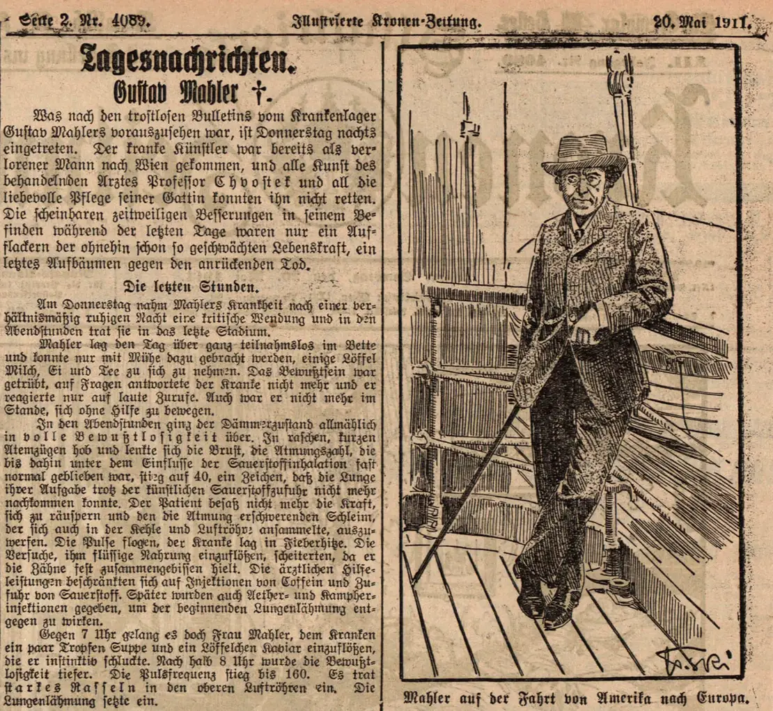 Bericht über den Tod Gustav Mahlers in der Illustrierten Kronen-Zeitung, 20. Mai 1911, Quelle: Anno/ÖNB  