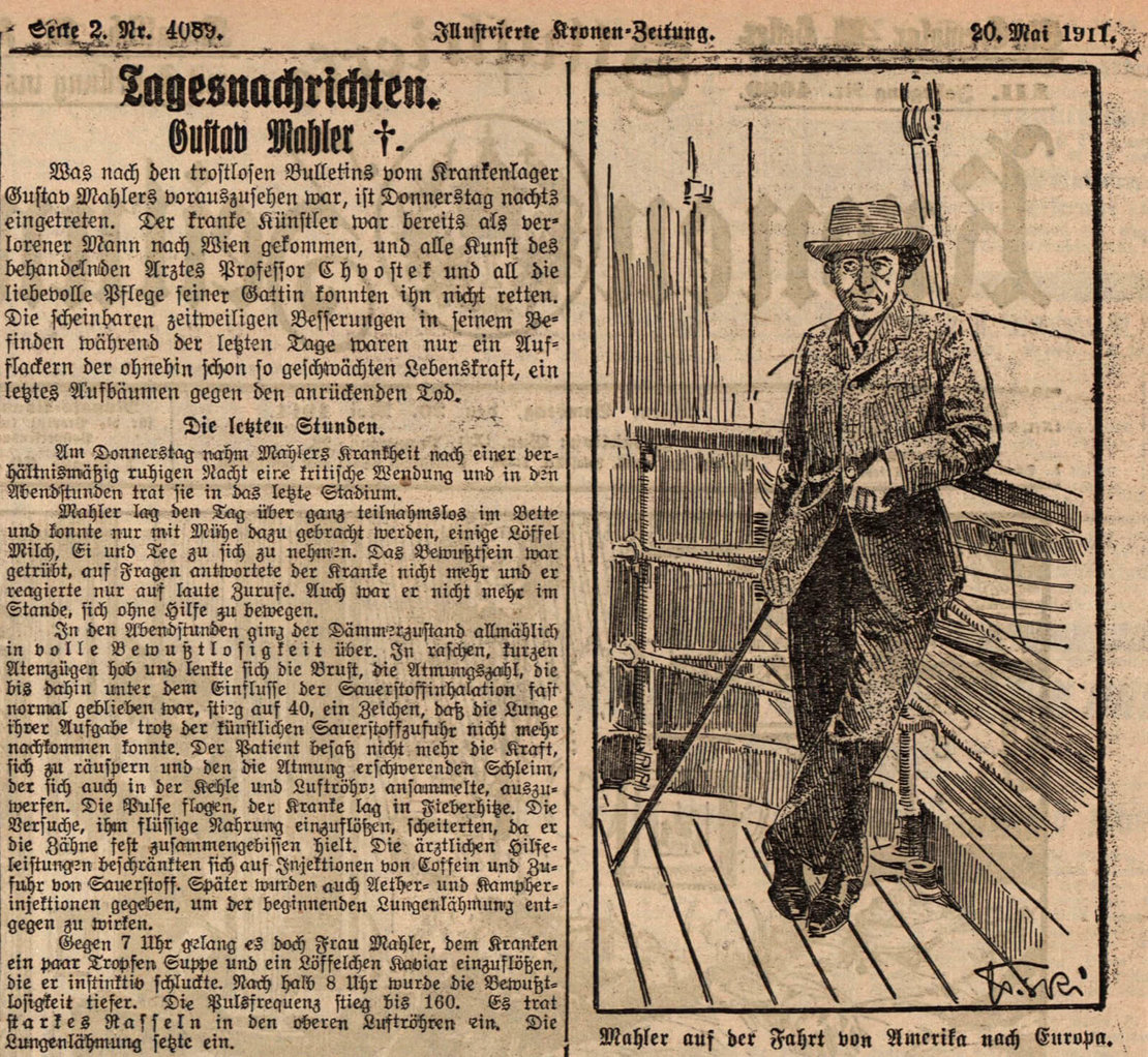 Bericht über den Tod Gustav Mahlers in der Illustrierten Kronen-Zeitung, 20. Mai 1911, Quelle: Anno/ÖNB 