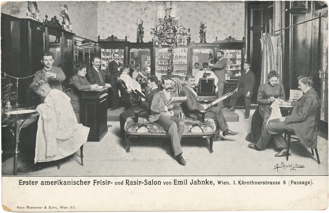 Werbe-Postkarte des Friseurs Emil Jahnke, um 1901, Photoinstitut Bonartes  