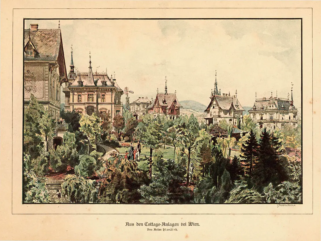 Blick in die Gärten der Villa Angerer und Villa Göschl, kolorierte Lithografie von Anton Hlavaček, Austrian Archives/brandstaetter images/picturedesk.com  