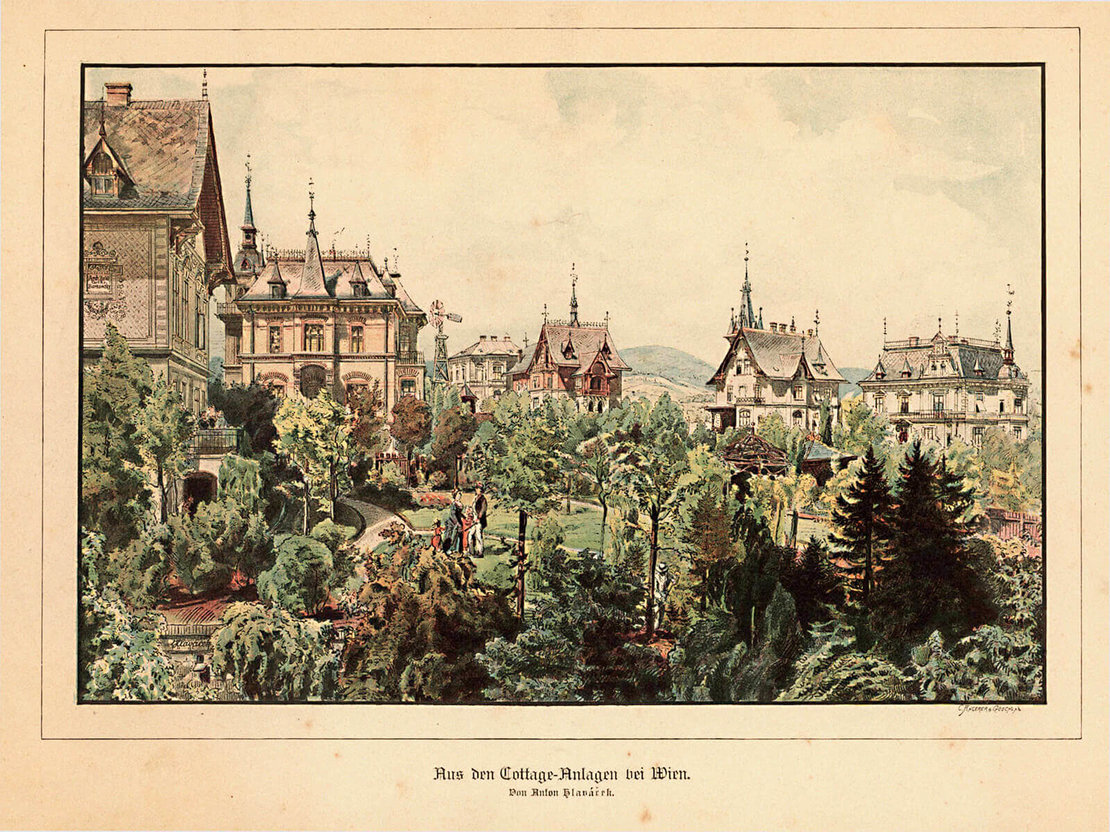 Blick in die Gärten der Villa Angerer und Villa Göschl, kolorierte Lithografie von Anton Hlavaček, Austrian Archives/brandstaetter images/picturedesk.com 