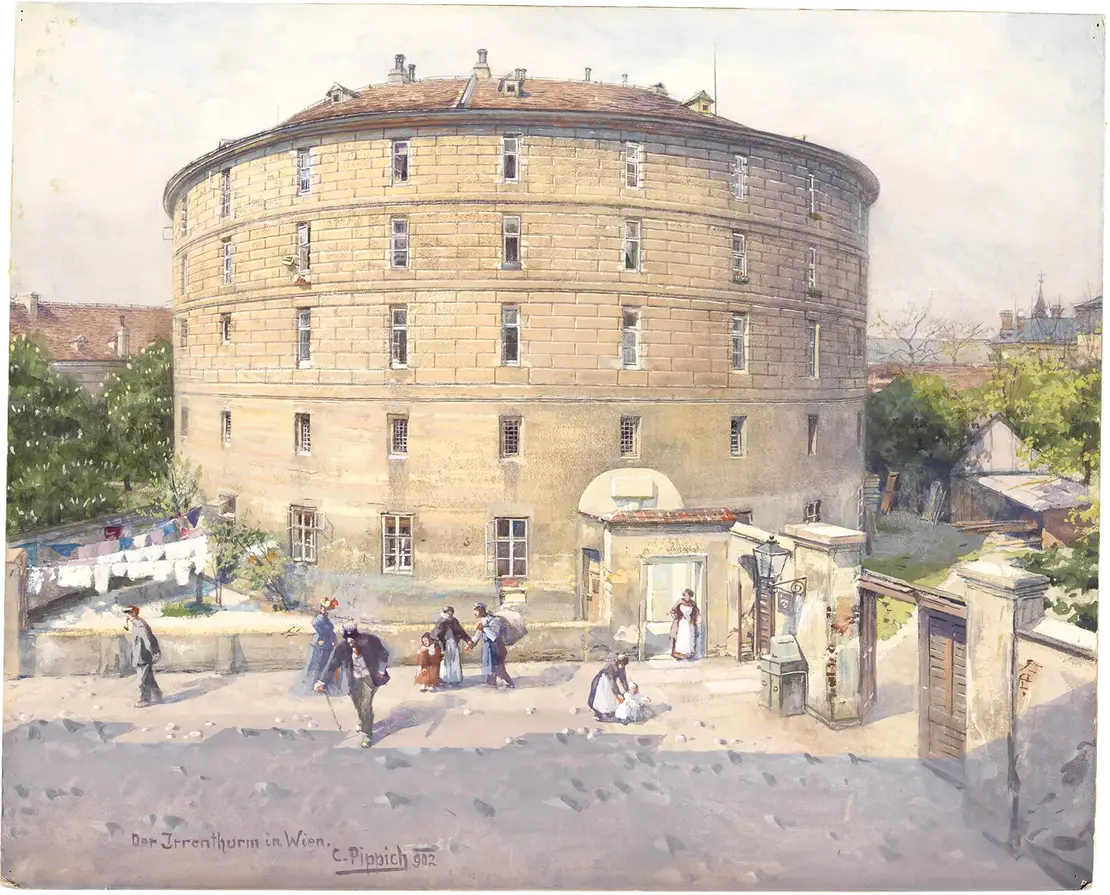 Kertbeny war mutmaßlich bei seinem letzten Wien-Aufenthalt hier inhaftiert: Der „Narrenturm“, Aquarell von Carl Pippich, 1902, Wien Museum, Inv.-Nr. 45637  