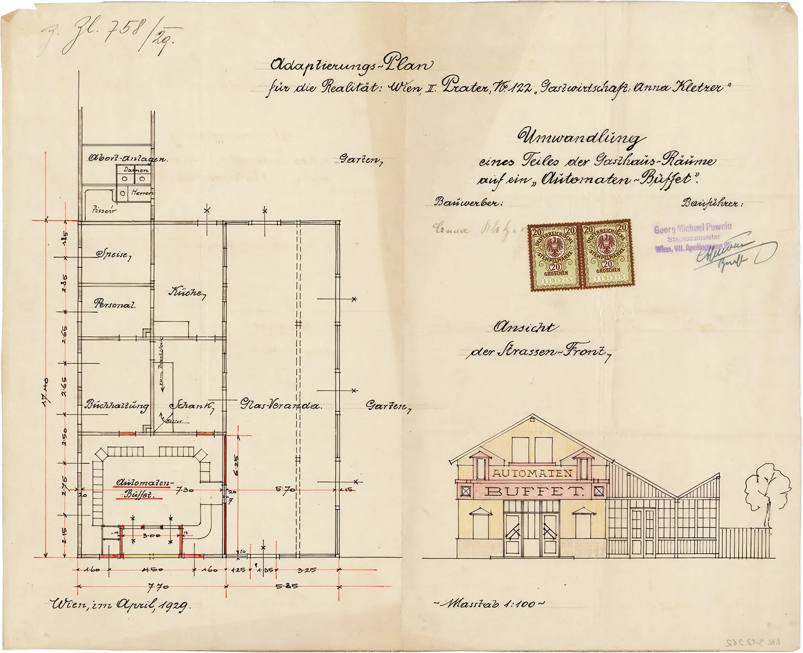 Plan für den Teil-Umbau der Prater-Gastwirtschaft Anna Kletzer in ein Automatenbuffet, 1929, Wien Museum, Inv.-Nr. 312262