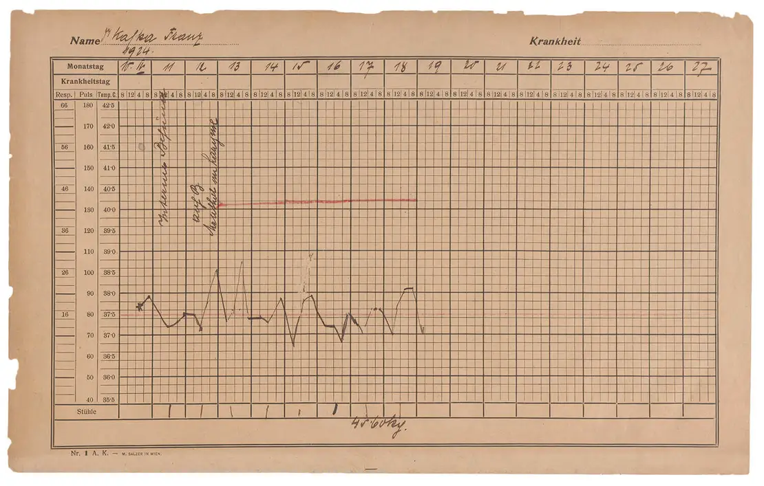 Fieberkurve von Franz Kafka bei seinem Aufenthalt im Wiener Allgemeinen Krankenhaus, 10.-19. April 1924, Österreichische Franz Kafka Gesellschaft