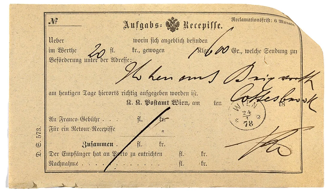 Aufgabeschein für ein Rezept der Hofapotheke für Kaiserin Elisabeth, 1878, Sammlung Wien Museum  