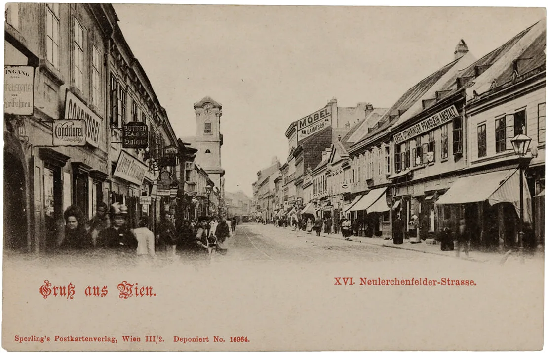 Die Neulerchenfelder Straße auf einer Ansichtskarte um 1900, im Hintergrund ist die Kirche zu sehen, Wien Museum  