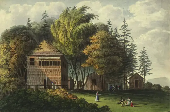 Joseph Ignaz Gurk: „Dornbach. Das holländische Dörfchen. Le village hollandaise." Blatt Nr. 20 aus: „Wien`s Umgebungen - Les environs de Vienne, nach der Natur gezeichnet und gestochen von Joseph und Eduard Gurk“, um 1825, Wien Museum