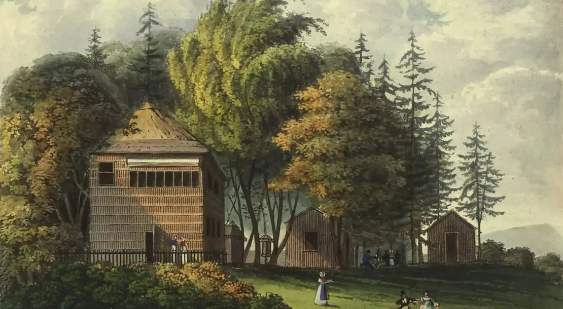 Joseph Ignaz Gurk: „Dornbach. Das holländische Dörfchen. Le village hollandaise." Blatt Nr. 20 aus: „Wien`s Umgebungen - Les environs de Vienne, nach der Natur gezeichnet und gestochen von Joseph und Eduard Gurk“, um 1825, Wien Museum  