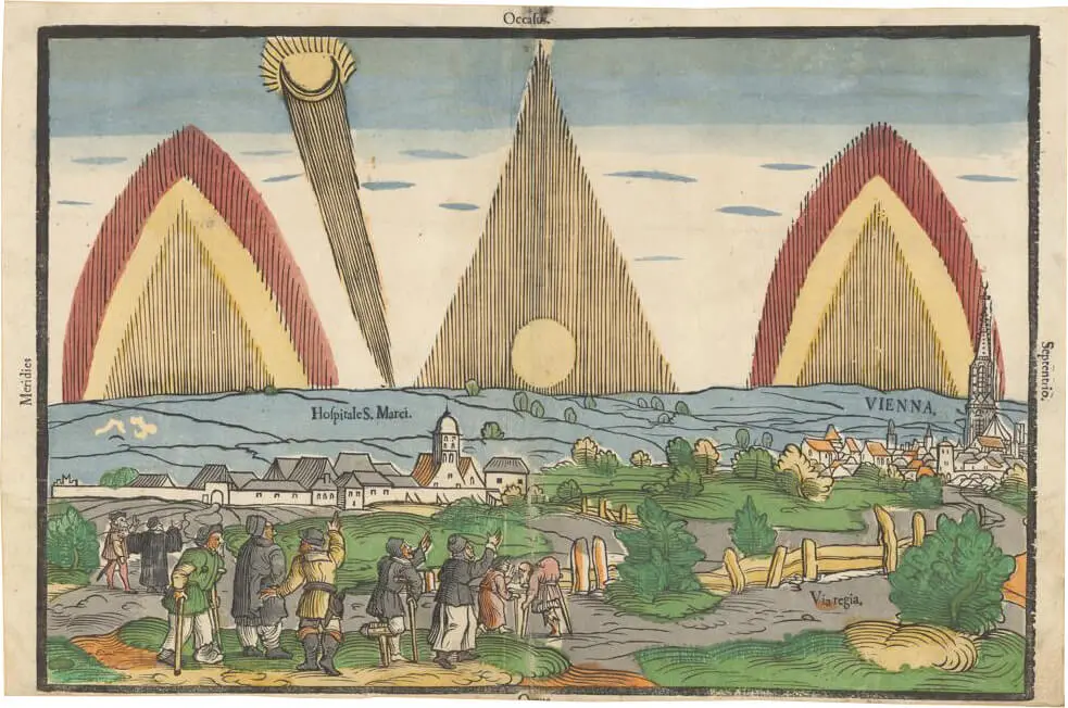 Raphael Hoffhalter: Signa Et Prodigia In Sole Et Luna, Viennæ Austriæ visa, Wien, 1557, Einblattdruck: Holzschnitt, koloriert und Typendruck, aus der Sammlung von Johann Jakob Wick, Wickiana, Zentralbibliothek Zürich  