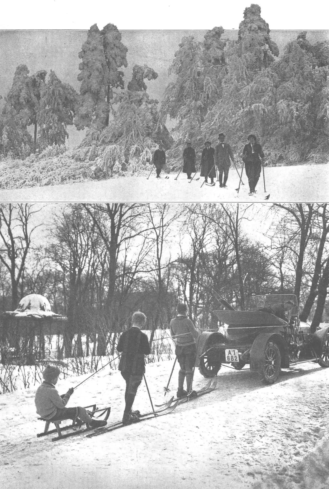 Skifahren und Rodeln auf der Wiese und dem Weg vor dem Schlosshotel, Allgemeine Automobil-Zeitung, 26. Jänner 1913, S. 11, ANNO/ÖNB  