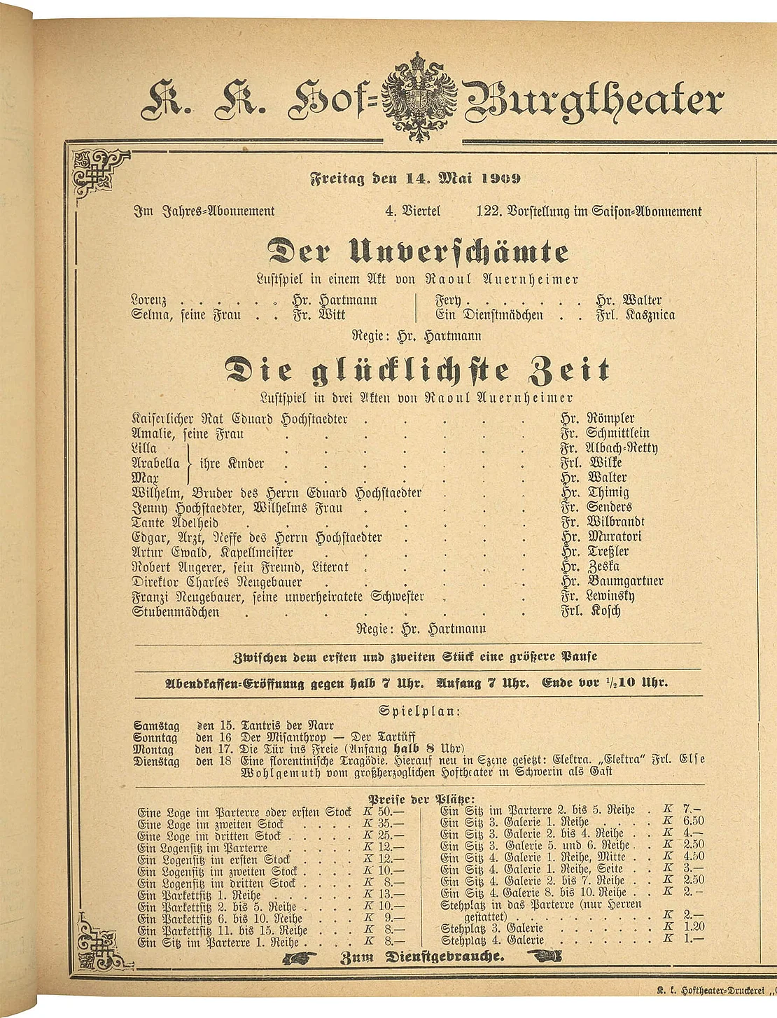 Theaterzettel, 14. Mai 1909, ANNO/ÖNB