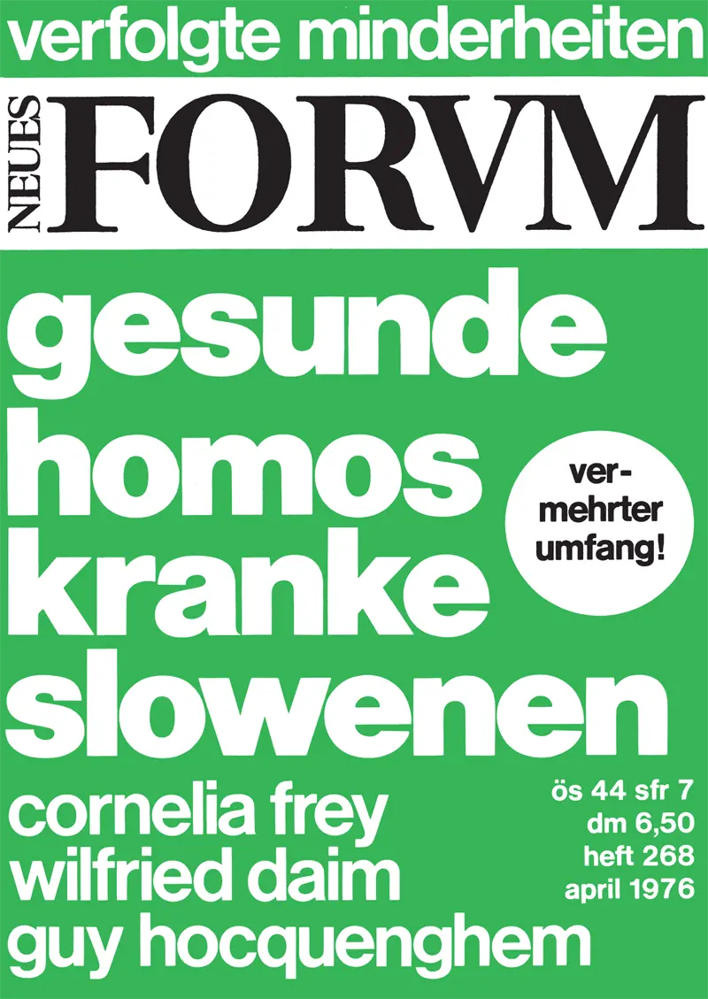 Neues Forvm, Nr. 268, 1976. Linke Gruppen setzten sich für die Rechte verschiedener marginalisierter Gruppen ein, in dieser Ausgabe finden sich neben den Texten über Homosexualität auch solidarische Positionen mit den Kärntner Slowen:innen.  