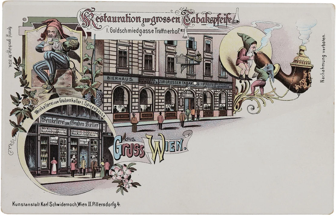 „Restauration zur großen Tabakspfeife“, um 1900, Farblithografie, Verlag: Karl Schwidernoch, Wien Museum