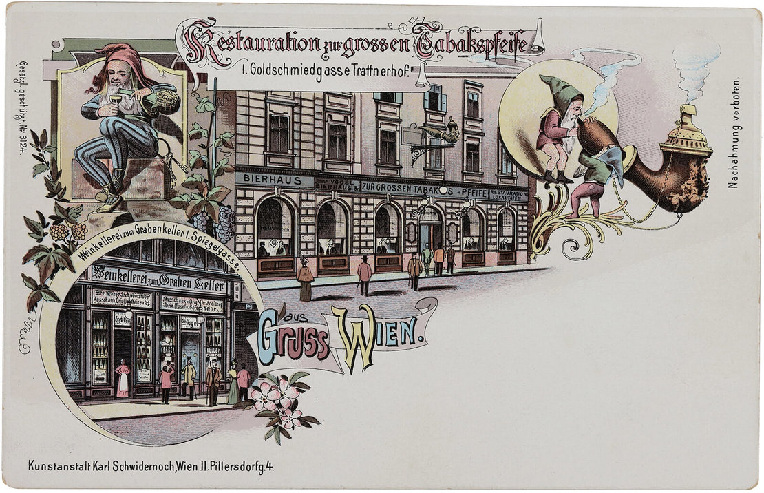 „Restauration zur großen Tabakspfeife“, um 1900, Farblithografie, Verlag: Karl Schwidernoch, Wien Museum 