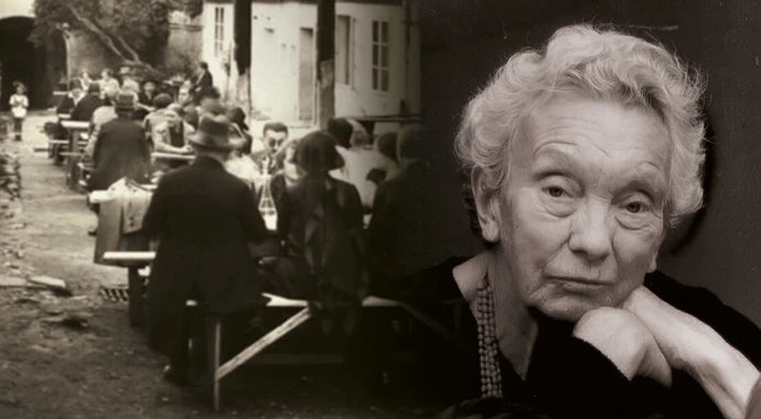 Links: Heurigenlokal in Sievering, Agnesgasse 1, um 1930, Wien Museum, Rechts: Ilse Helbich, Foto: Privat