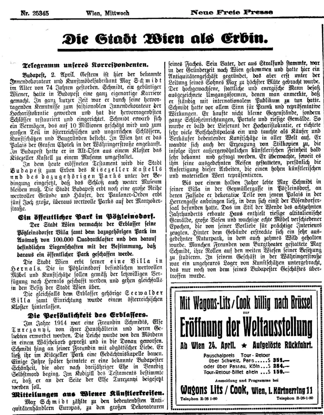 Bericht in der „Neuen Freien Presse“ vom 3. April 1935, ANNO/ÖNB